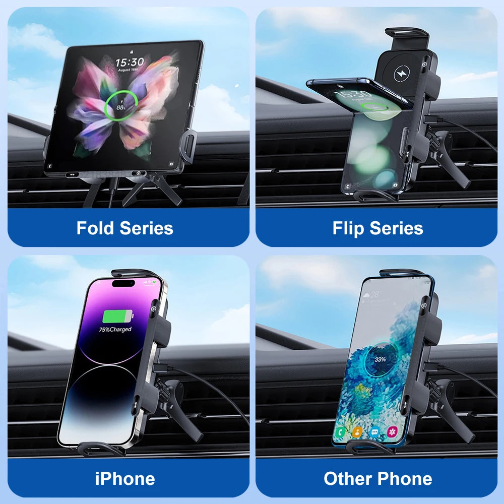Car Wireless Charger Dual Coil Fold Screen Phone Fast Charging for  Galaxy Z Fold 5 6 Flip 3 4 Air Vent Car Phone Holder
