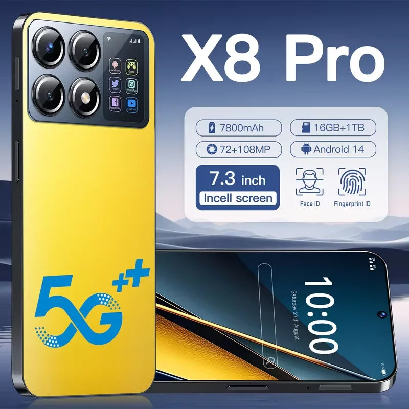 2025 New X8 Pro Max 7.3HD Global Edition Original Smart Dual Card 7800Mah Battery Facial Recognition Function