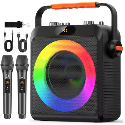 Karaoke Machine with 2 Wireless Microphones, Portable Speaker with LED Lights for Kids and Adults, Supports Bluetooth/Usb/Tf/Aux