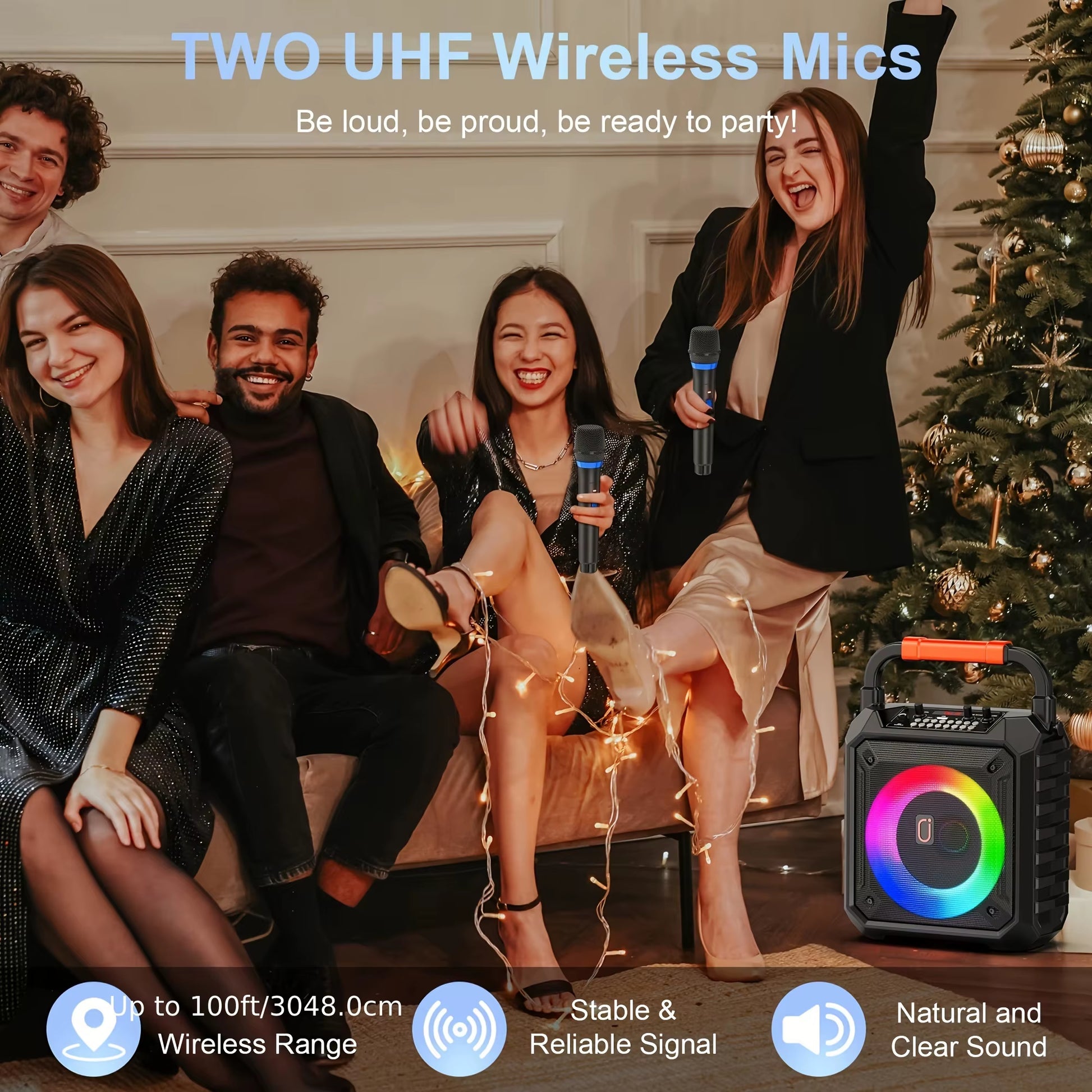 Karaoke Machine with 2 Wireless Microphones, Portable Speaker with LED Lights for Kids and Adults, Supports Bluetooth/Usb/Tf/Aux