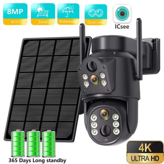 4K HD Solar Wifi Camera Outdoor Built-In Battery Dual Lens 2K Security Camera Solar Panel Wireless Video Surveillance CCTV Icsee