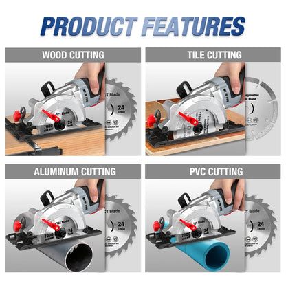 750W Mini Circular Saw with 2Pc Saw Blades for Cutting Tiles Plastics 5200Rpm Portable DIY Woodwork Power Tool Carpentry