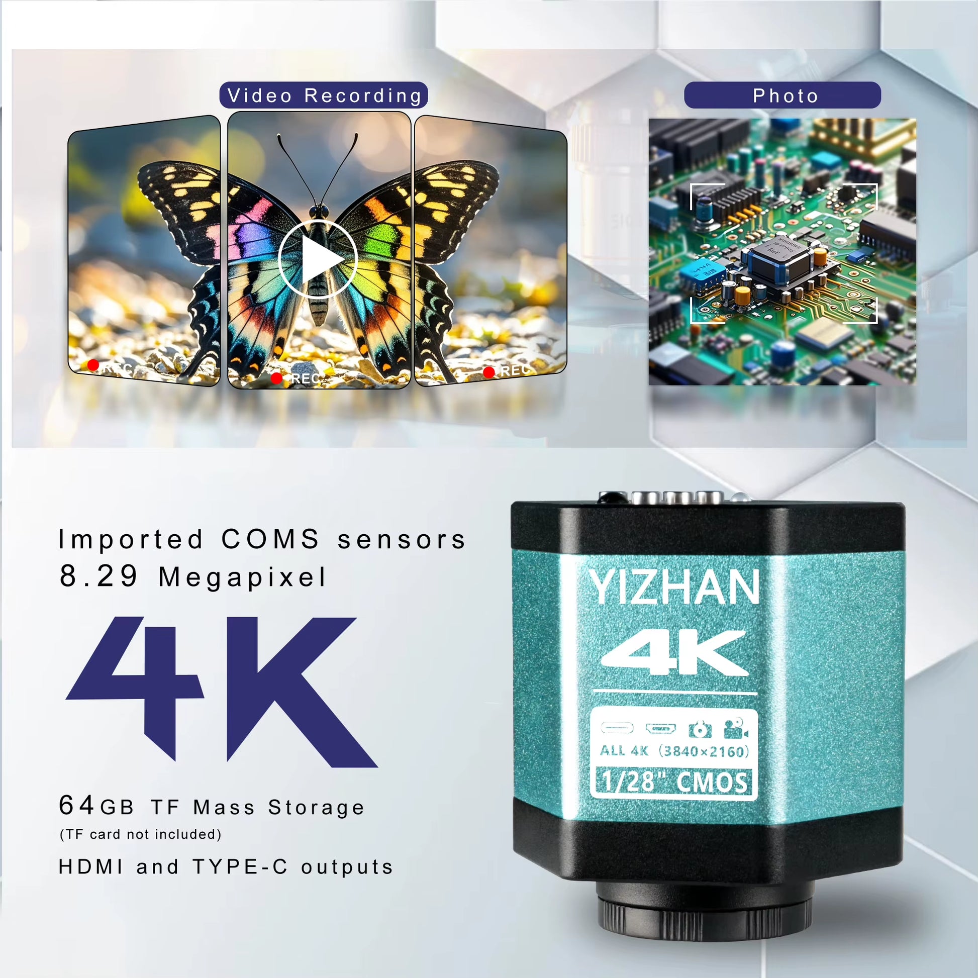 4K Digital Microscope 48MP Microscope for Electronics USB-C Industrial Cameras HDMI 1-150X Zoom C-Mount Lens Phone Pcb Soldering