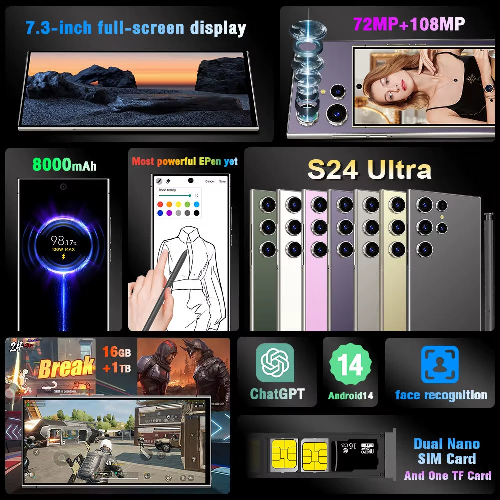 2026 HOT S26 Ultra NEW 7.3HD Global Edition Original Smart Dual Card 7800Mah Battery Facial Recognition Function