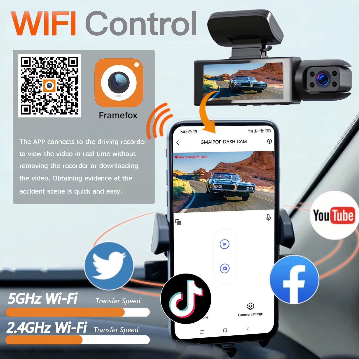 1080P WIFI Dual Camera Dash Cam for Cars,Front and Inside,Car Camera with IR Night Vision,Loop Recording,Wide Angle Car DVR Came