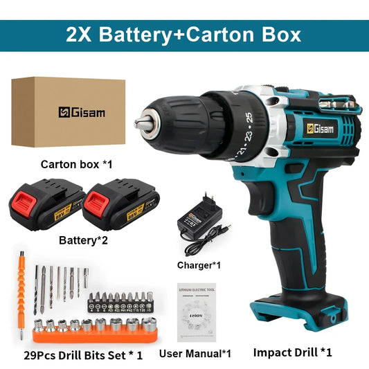 Battery Impact Screwdriver Multifunctional Cordless Drill Power Tool 25+3 Torque Setting 2 Gear Speed Electric Screwdriver
