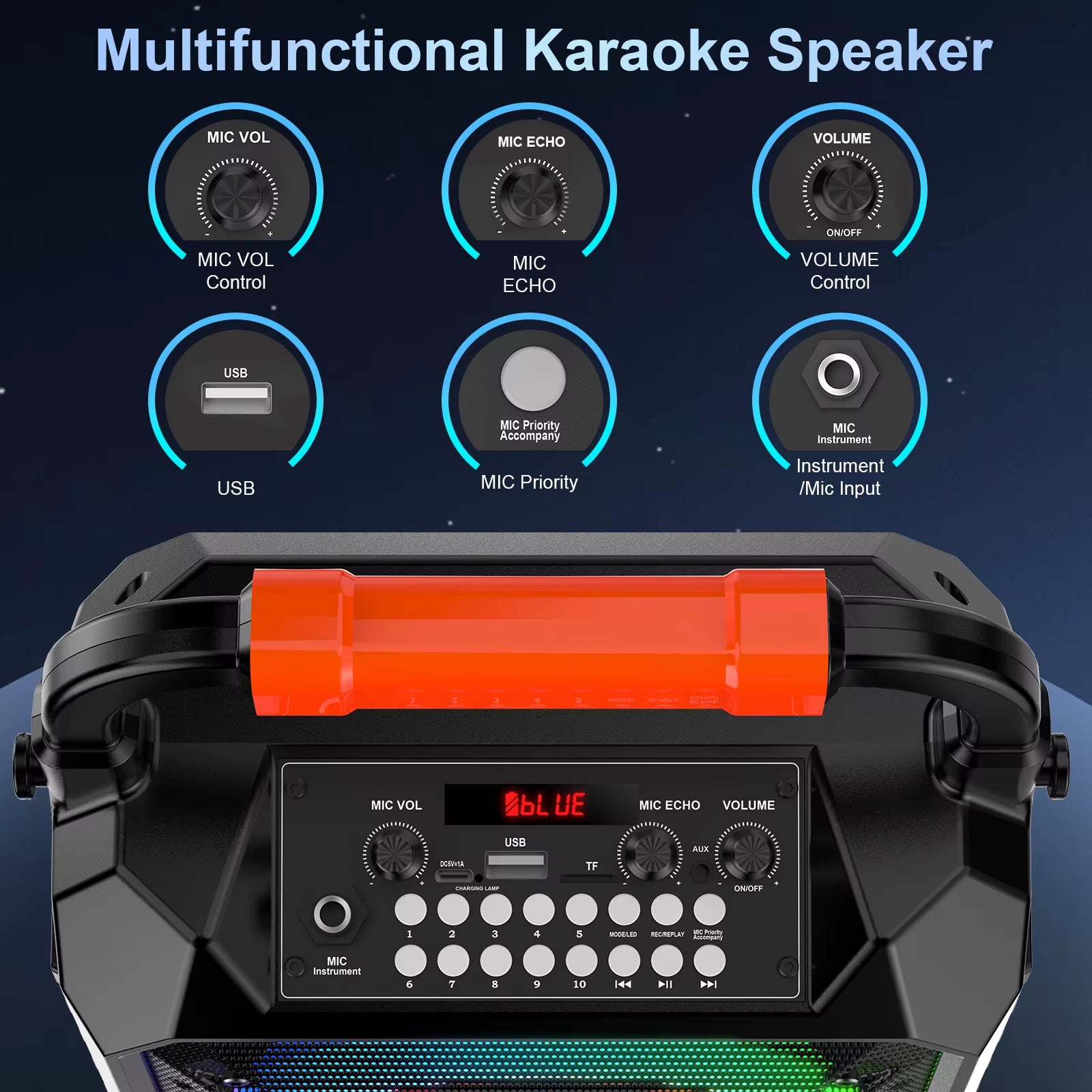 Karaoke Machine with 2 Wireless Microphones, Portable Speaker with LED Lights for Kids and Adults, Supports Bluetooth/Usb/Tf/Aux