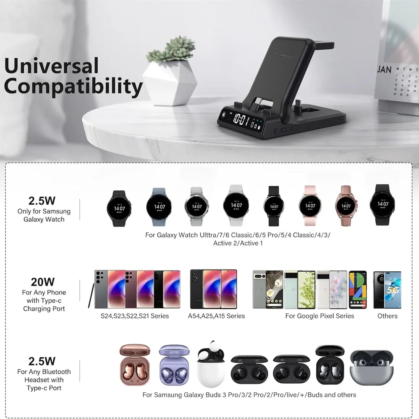 Swanscout 701S Charging Station for  S25 Ultra S24+ S23 Z Flip 7 Z Fold 6 Charger for Galaxy Watch 8 7 6 for Buds 3 Pro