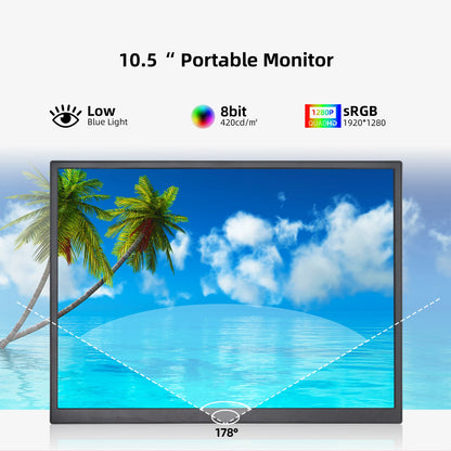 10.5-Inch Portable Monitor 1280P 100%Srgb 15:10 Low Blue Light for Xbox PS4 / 5 Switch Cell Phone PC Loptop Extension