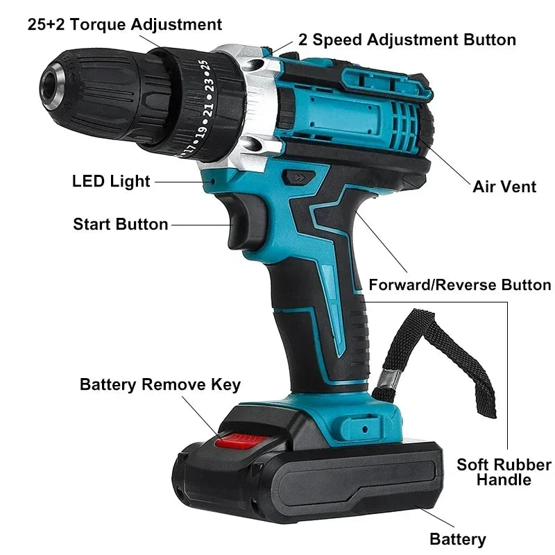 Battery Impact Screwdriver Multifunctional Cordless Drill Power Tool 25+3 Torque Setting 2 Gear Speed Electric Screwdriver