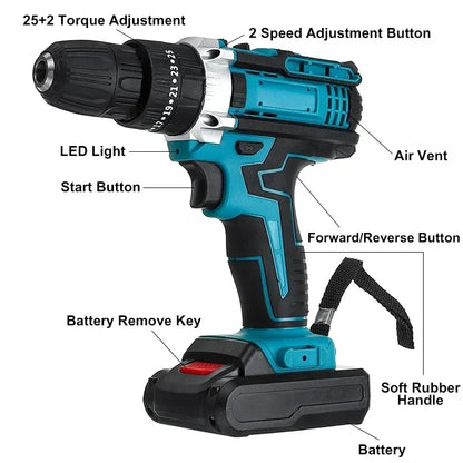 Battery Impact Screwdriver Multifunctional Cordless Drill Power Tool 25+3 Torque Setting 2 Gear Speed Electric Screwdriver