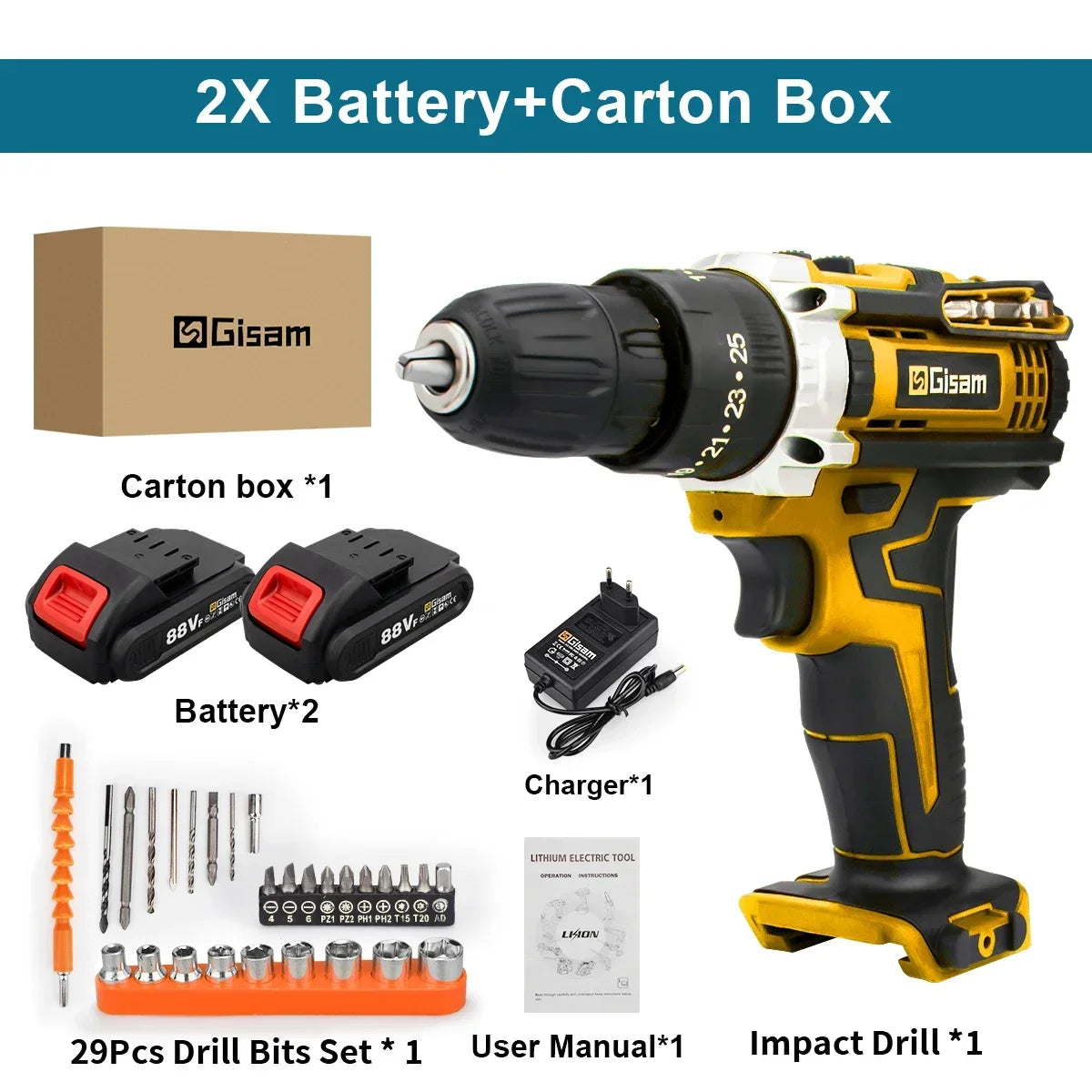 Battery Impact Screwdriver Multifunctional Cordless Drill Power Tool 25+3 Torque Setting 2 Gear Speed Electric Screwdriver