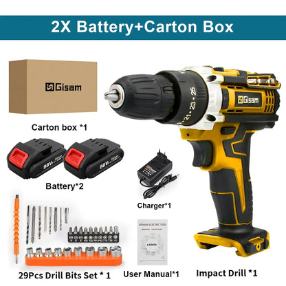 Battery Impact Screwdriver Multifunctional Cordless Drill Power Tool 25+3 Torque Setting 2 Gear Speed Electric Screwdriver