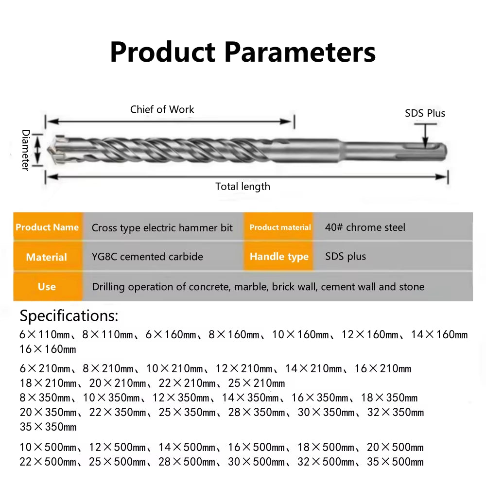 Concrete SDS plus Bit Cross Cutter Head Double Auger Hammer 110 160 210 350 500Mm Wall Brick Block Electric Hammer Masonry Bit
