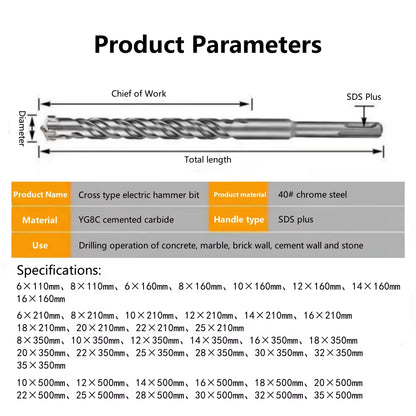 Concrete SDS plus Bit Cross Cutter Head Double Auger Hammer 110 160 210 350 500Mm Wall Brick Block Electric Hammer Masonry Bit