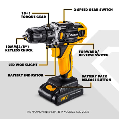 20V Cordless Electric Drill DC Lithium-Ion Battery 3/8-Inch for Home DIY Mini Wireless Power Driver Woodworking Tools