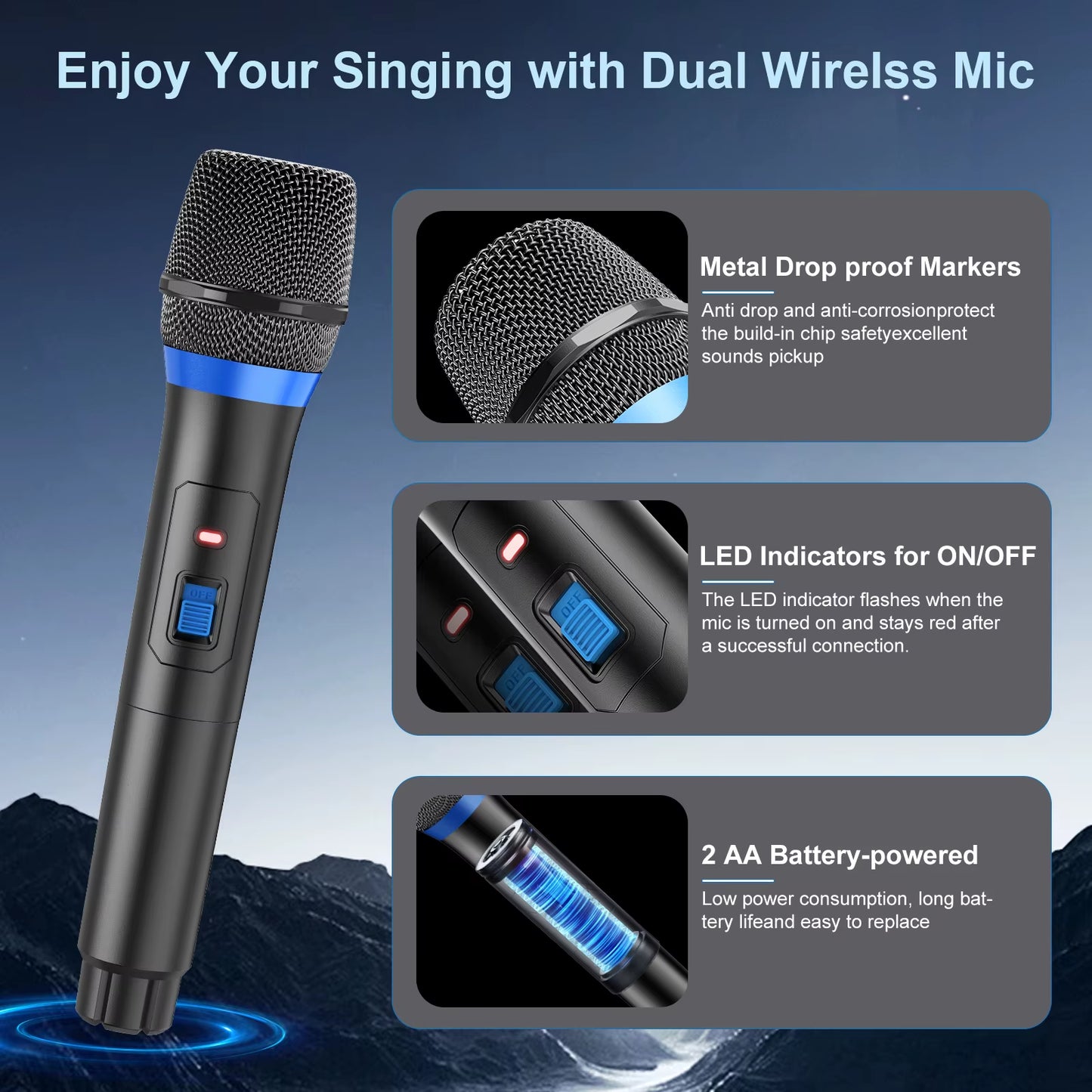 Karaoke Machine with 2 Wireless Microphones, Portable Speaker with LED Lights for Kids and Adults, Supports Bluetooth/Usb/Tf/Aux