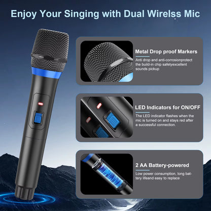 Karaoke Machine with 2 Wireless Microphones, Portable Speaker with LED Lights for Kids and Adults, Supports Bluetooth/Usb/Tf/Aux