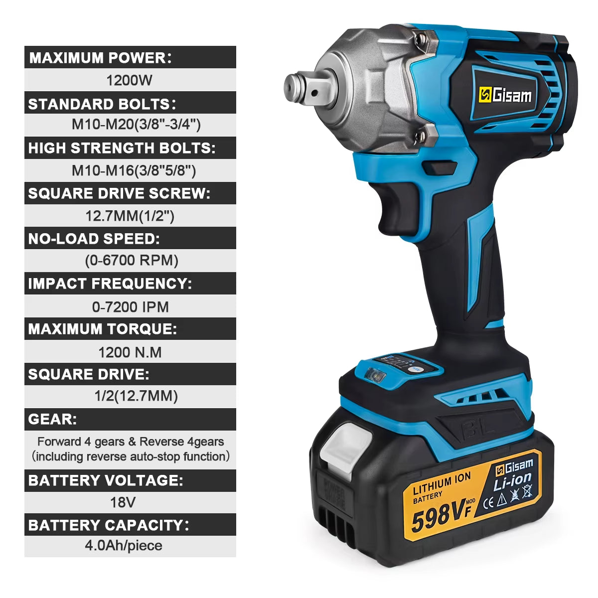 1200N.M Torque Brushless Electric Impact Wrench 1/2 Inch Cordless Wrench Screwdriver Power Tool for Makita 18V Battery Pin