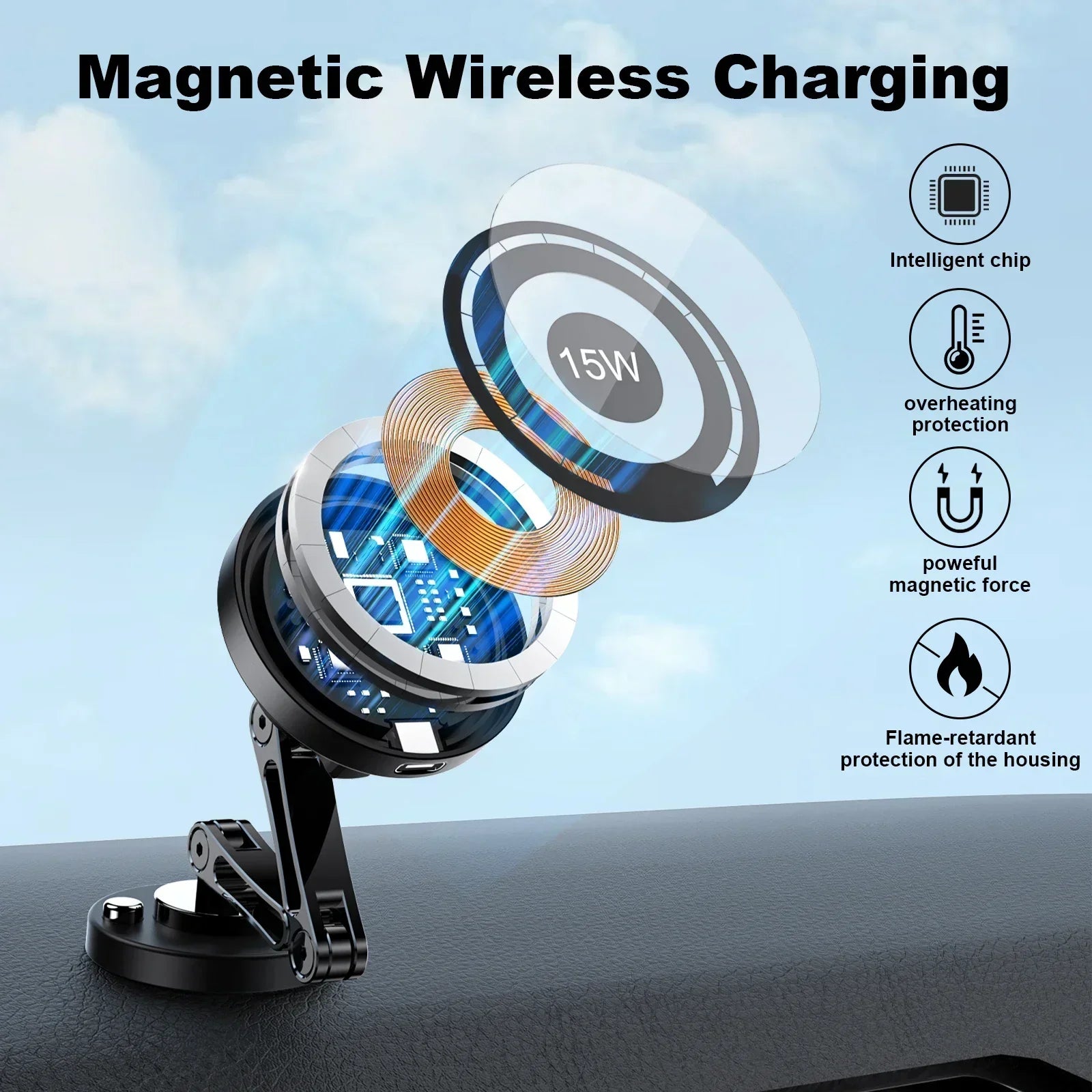 15W Magnetic Car Phone Holder Mount Wireless Charger Rotation Magnetic Car Phone Stand Fast Charging for Iphone 16 15 14 13 12