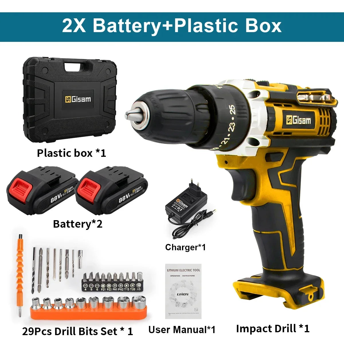Battery Impact Screwdriver Multifunctional Cordless Drill Power Tool 25+3 Torque Setting 2 Gear Speed Electric Screwdriver
