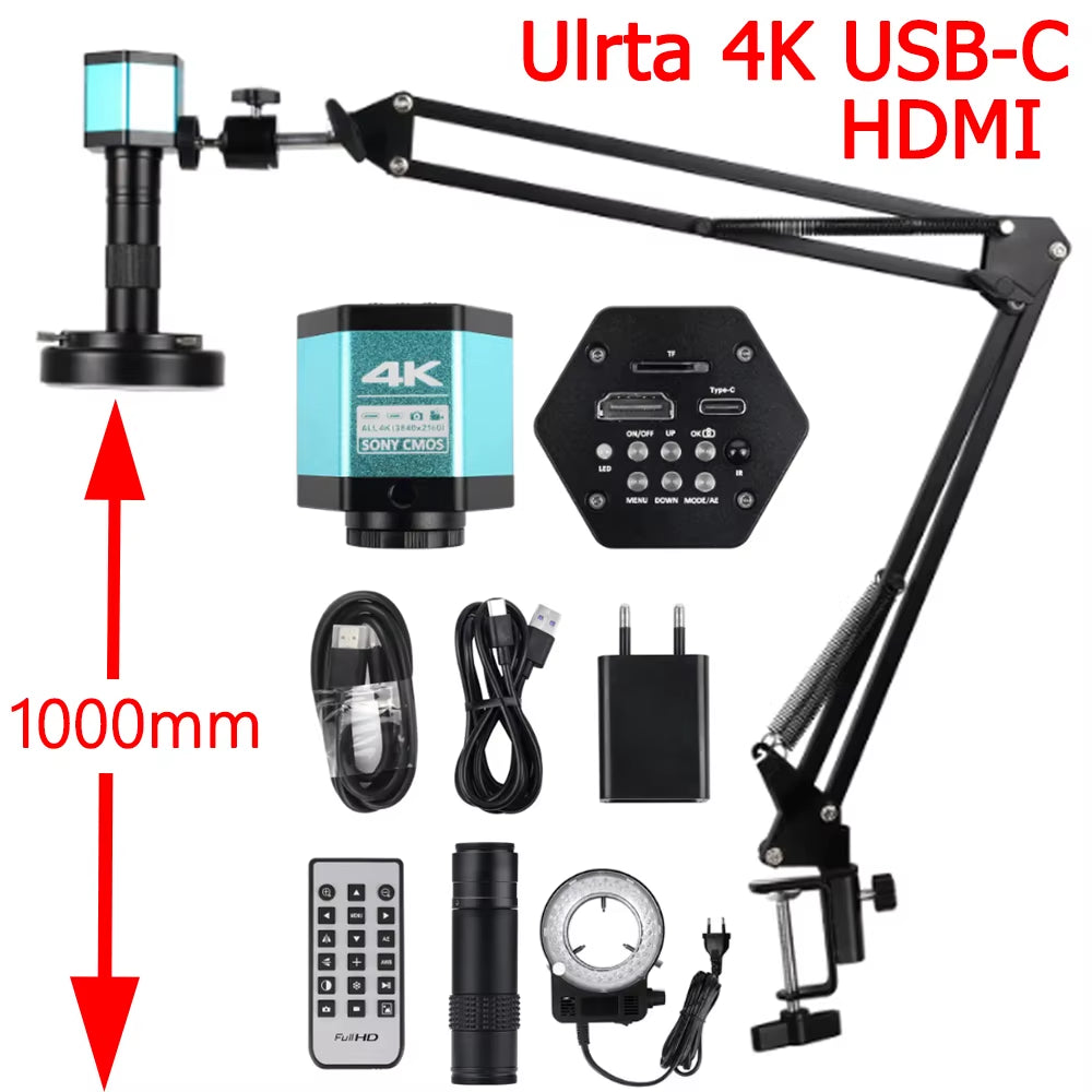 4K Digital Microscope 48MP Microscope for Electronics USB-C Industrial Cameras HDMI 1-150X Zoom C-Mount Lens Phone Pcb Soldering