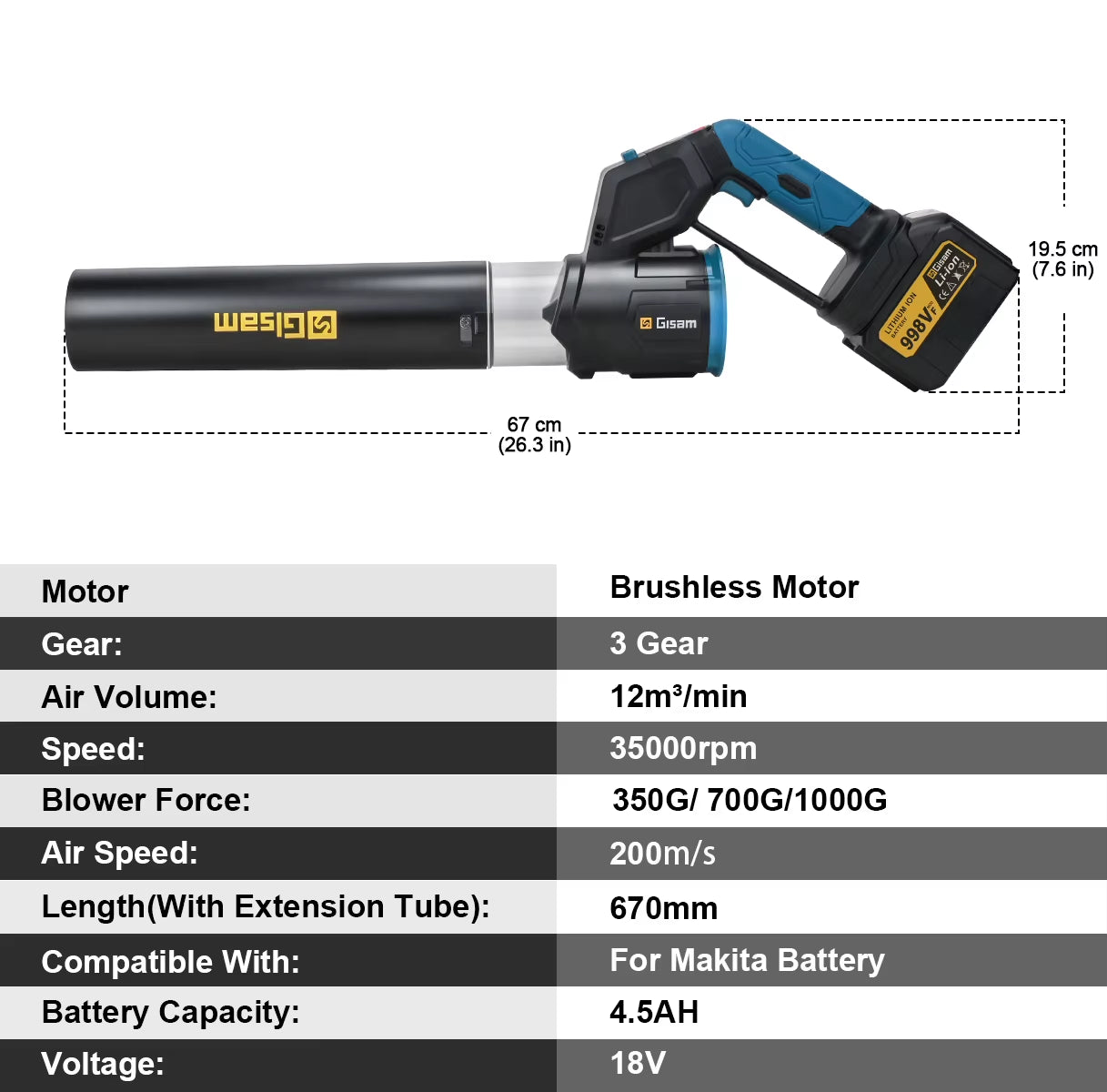 35000RPM Brushless Electric Air Blower 2In1 Turbo Blower Fan Leaf Dust Snow Blowing Clean Tool for Makita 18V Battery Pin