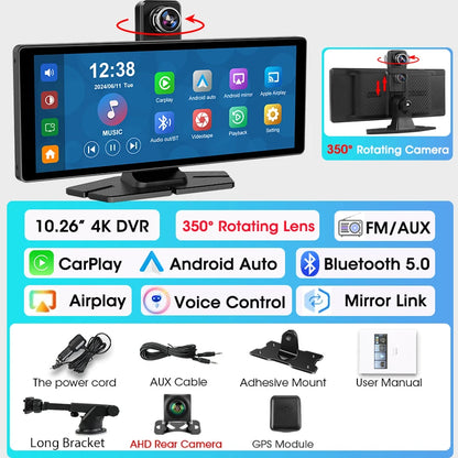 7"/10.26" 4K Dash Cam Wireless Carplay Android Auto 350° Rotating Lens Car DVR GPS Navigation Dashboard Video Recorder Bluetooth