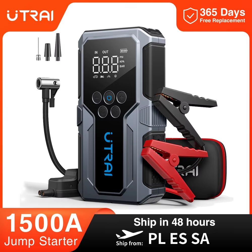 1500A Car Jump Starter Power Bank Portable 150PSI Air Pump Car Battery Emergency Boosters Starting Device Car Starter 2024