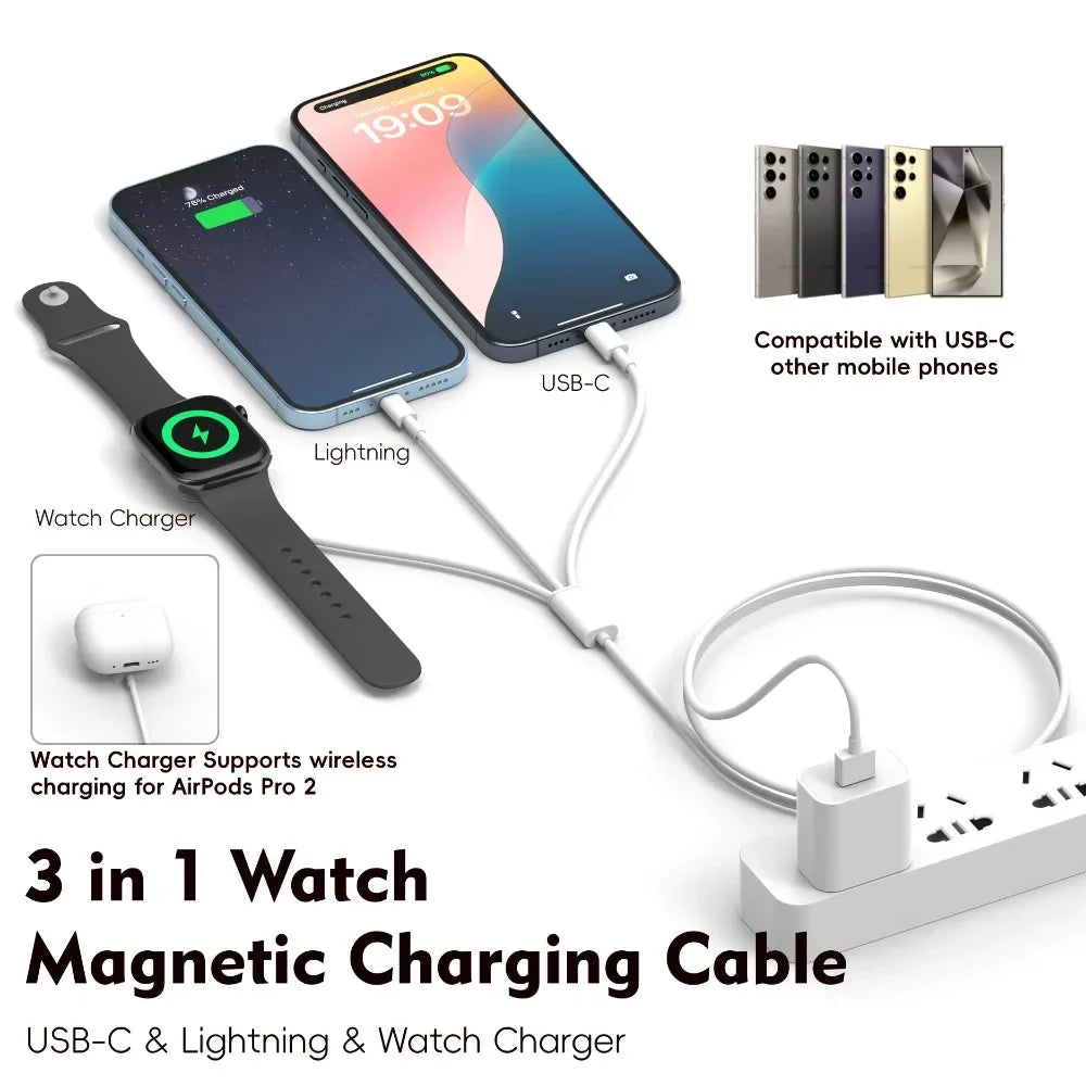 3 in 1 Charging Cable Watch Wireless Charger for Iphone12~16 Samsung Xiaomi for Apple Watch 1-10 SE1-2 Ultra Fast Charging Pad