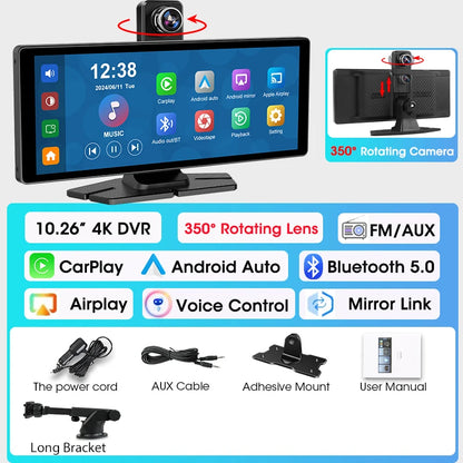 7"/10.26" 4K Dash Cam Wireless Carplay Android Auto 350° Rotating Lens Car DVR GPS Navigation Dashboard Video Recorder Bluetooth