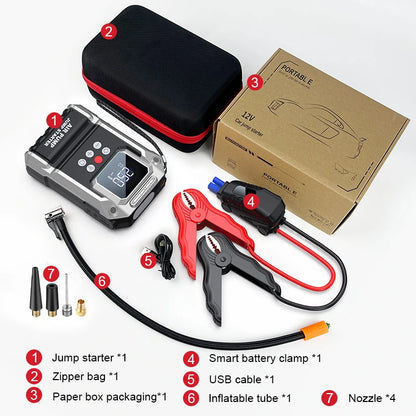 7000A Car Jump Starter 26800Mah Power Bank 150PSI Pump Air Compressor Emergency Battery Booster Power Bank Start