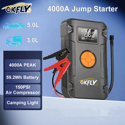 4 in 1 4000A Jump Starter Power Bank 150PSI Air Compressor Tire Pump Portable Charger Car Booster Starting Device