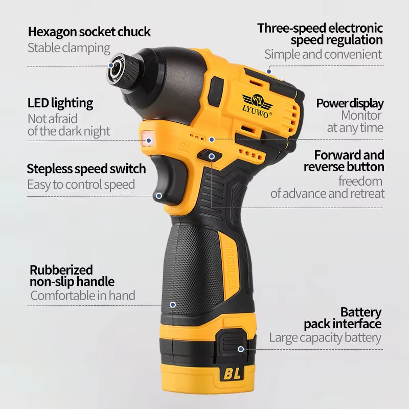 LYUWO 16.8V Electric Drill Driver 140N. M Impact Wireless Drill Bit Household Multifunctional Electric Screwdriver Tool