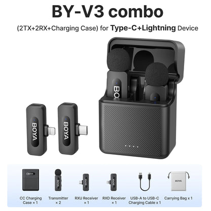 BY-V3 Wireless Lavalier Lapel Mirophone Noise-Cancelling Rechargeable Mic for Iphone Android Camera Live Streaming Vlogging