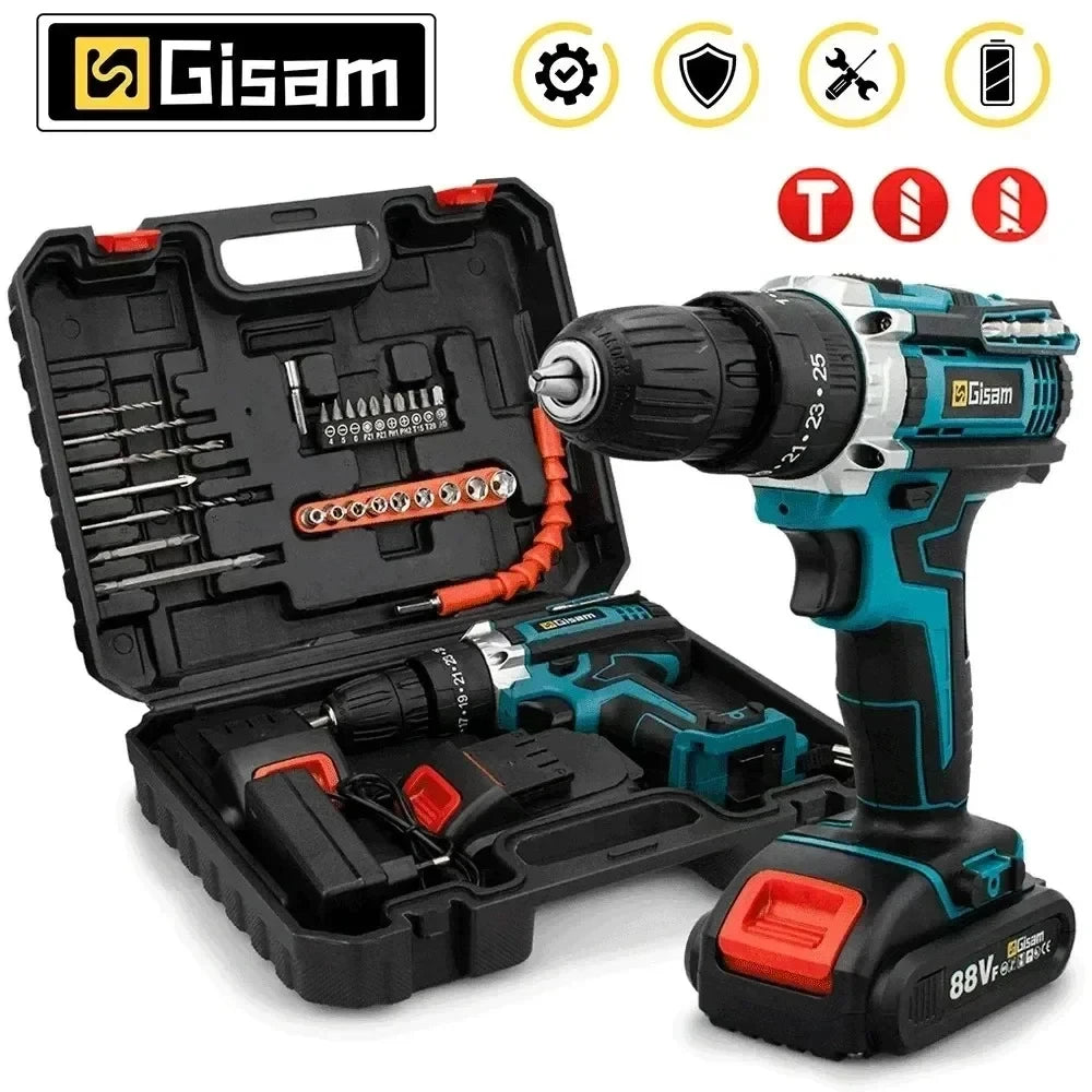 Battery Impact Screwdriver Multifunctional Cordless Drill Power Tool 25+3 Torque Setting 2 Gear Speed Electric Screwdriver