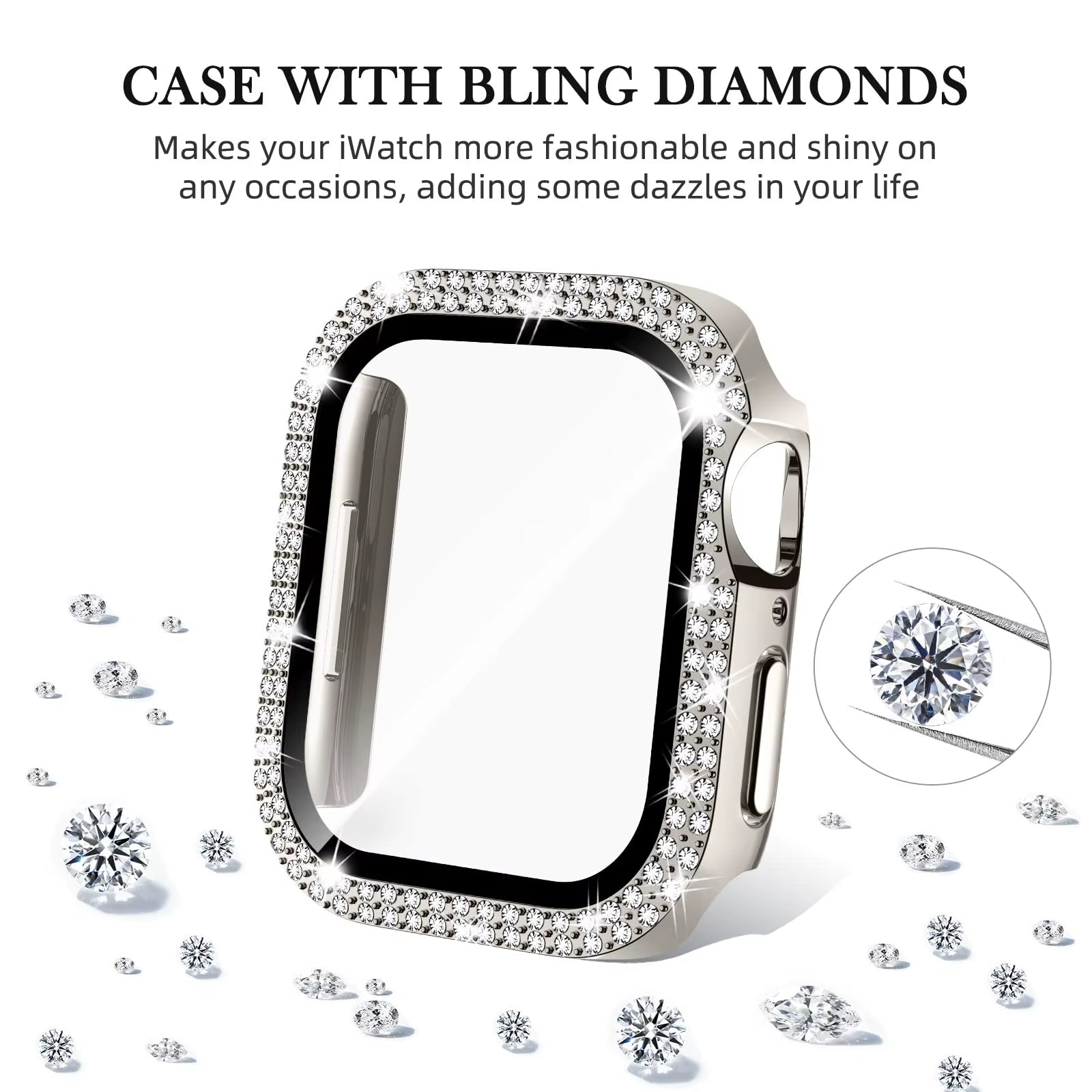 Glass+Diamond Cover for Apple Watch Case 46Mm 40Mm 44Mm 41Mm 42Mm 45Mm Bling Bumper Protector Iwatch Series 10 9 Se 5 6 7 8 Case