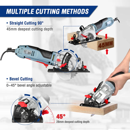 750W Mini Circular Saw with 2Pc Saw Blades for Cutting Tiles Plastics 5200Rpm Portable DIY Woodwork Power Tool Carpentry