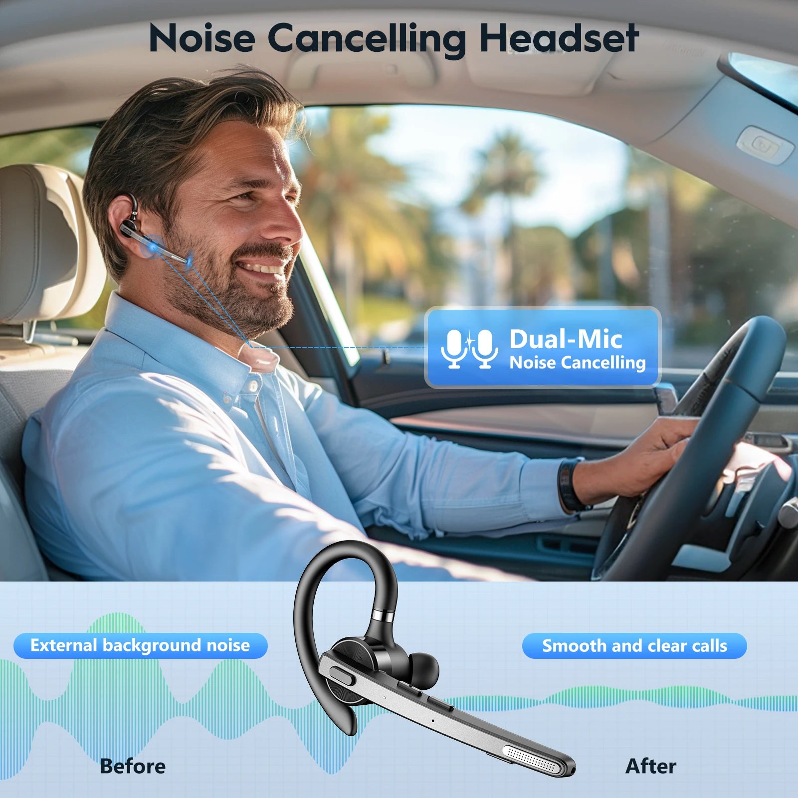 M53 Bluetooth Headset Wireless Headphone Dual-Mic Mute Noise Cancelling Earpiece Handsfree Earphones for Driver Office