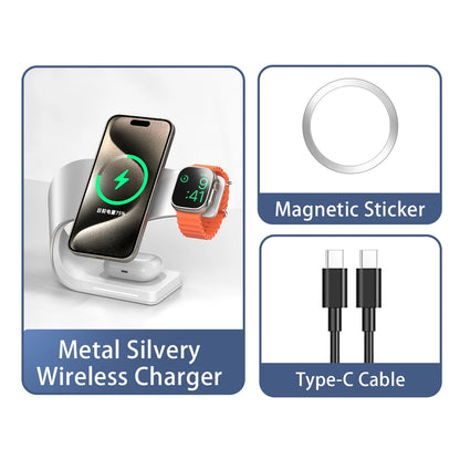 4 in 1 Wireless Charger Metal Shell for Iphone 15 14 13 12 Magnetic Fast Charging Station Stand Dock for Apple Airpods Watch