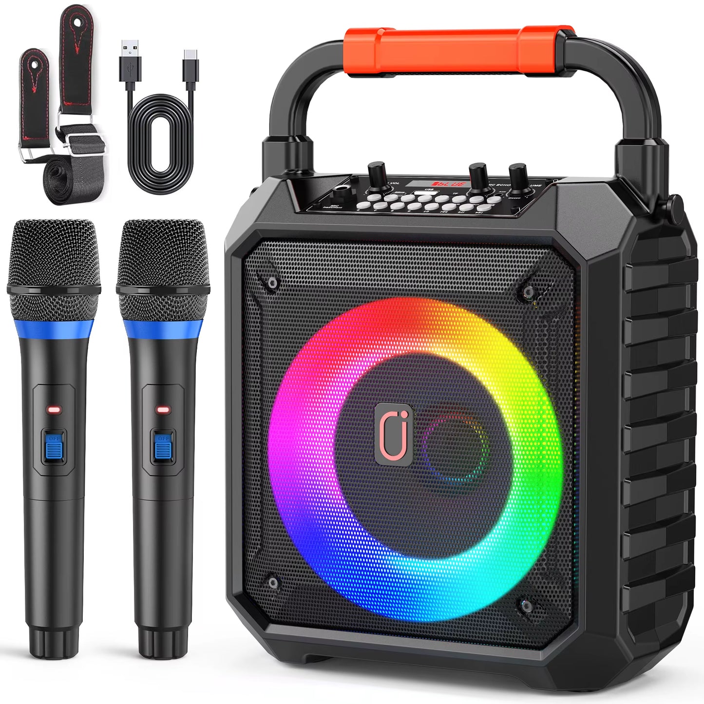 Karaoke Machine with 2 Wireless Microphones, Portable Speaker with LED Lights for Kids and Adults, Supports Bluetooth/Usb/Tf/Aux