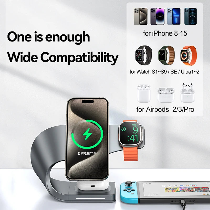 4 in 1 Wireless Charger Metal Shell for Iphone 15 14 13 12 Magnetic Fast Charging Station Stand Dock for Apple Airpods Watch