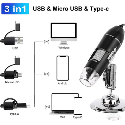 1600X 3In 1 Digital Microscope Camera Portable Electronic Microscope for Soldering LED Magnifier Type-C USB Charge Magnifier