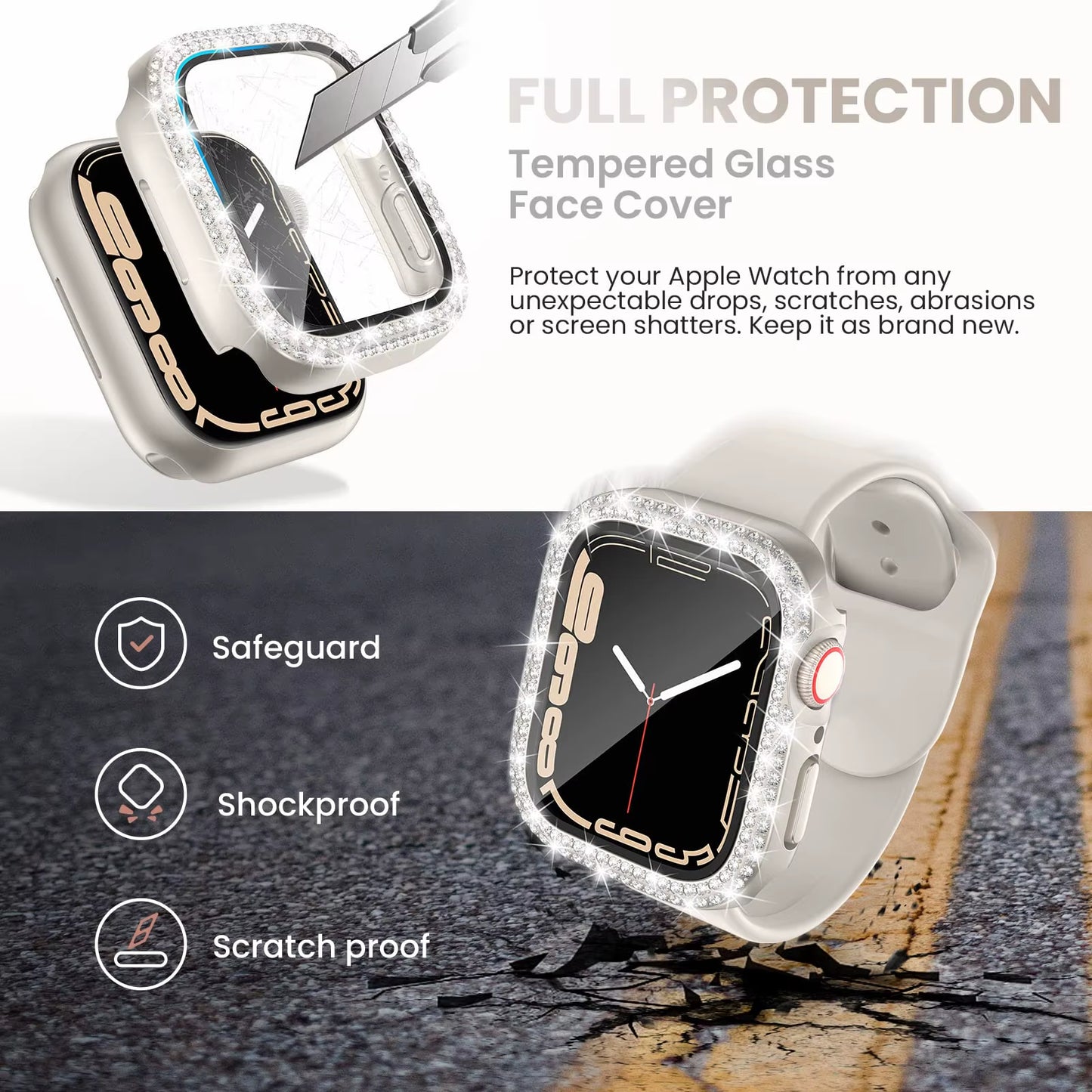 Glass+Diamond Cover for Apple Watch Case 46Mm 40Mm 44Mm 41Mm 42Mm 45Mm Bling Bumper Protector Iwatch Series 10 9 Se 5 6 7 8 Case