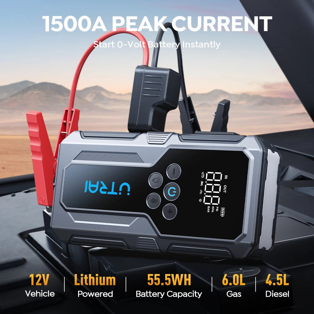 1500A Car Jump Starter Power Bank Portable 150PSI Air Pump Car Battery Emergency Boosters Starting Device Car Starter 2024
