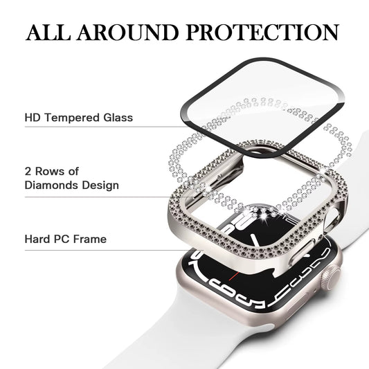 Glass+Diamond Cover for Apple Watch Case 46Mm 40Mm 44Mm 41Mm 42Mm 45Mm Bling Bumper Protector Iwatch Series 10 9 Se 5 6 7 8 Case