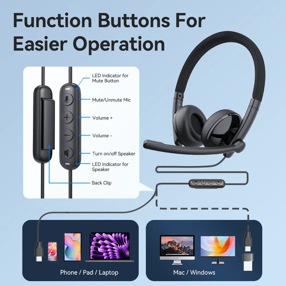 Wired Headset with Microphone Call Center USB Headphones ENC Noise Cancelling Office Cable Earphones for Phone/Pc Computer