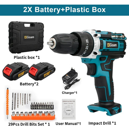 Battery Impact Screwdriver Multifunctional Cordless Drill Power Tool 25+3 Torque Setting 2 Gear Speed Electric Screwdriver