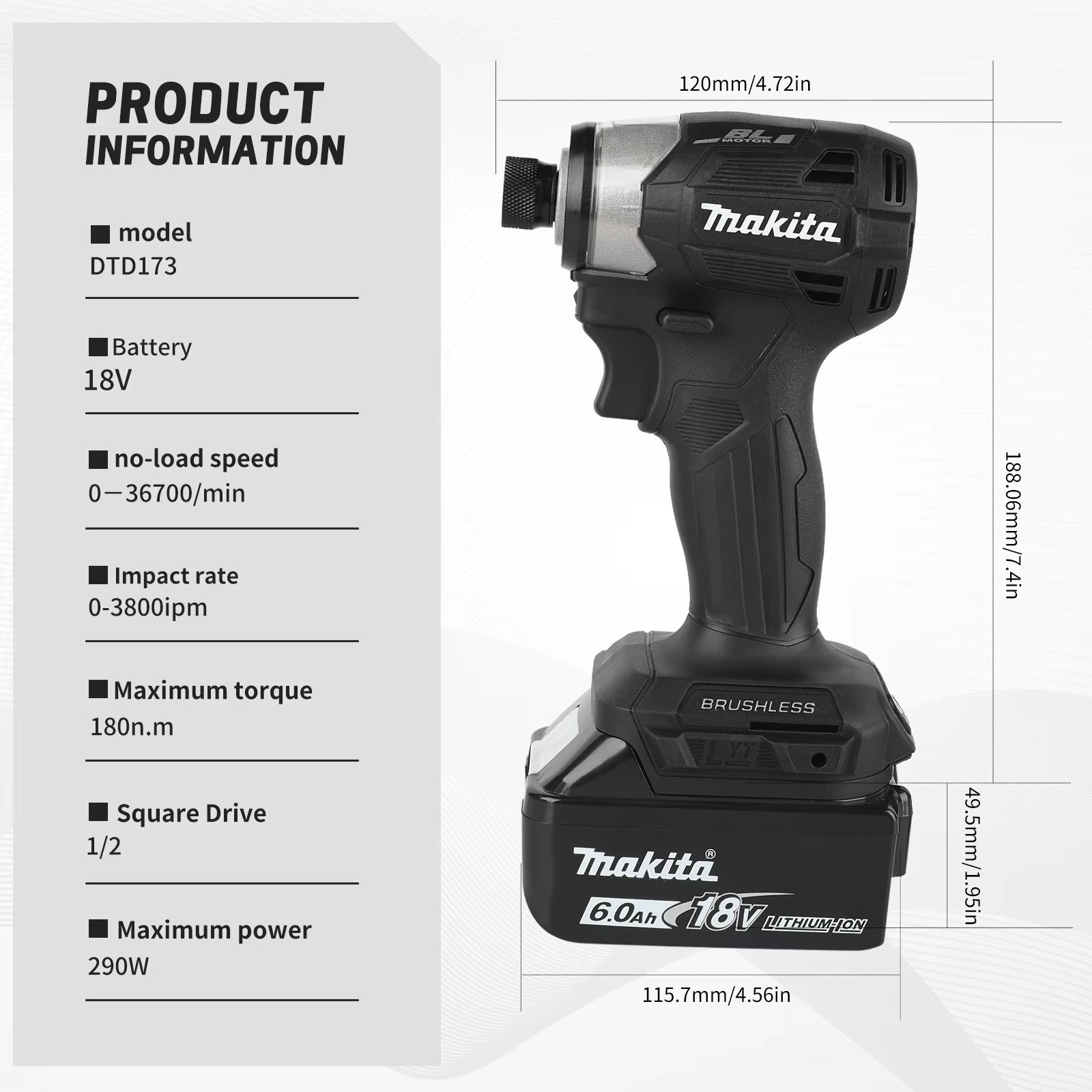 18V Cordless Impact Driver LXT BL Brushless Motor Electric Drill Wood/Bolt/T-Mode 180 N·M Rechargeable Power Tools DTD173