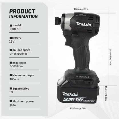 18V Cordless Impact Driver LXT BL Brushless Motor Electric Drill Wood/Bolt/T-Mode 180 N·M Rechargeable Power Tools DTD173